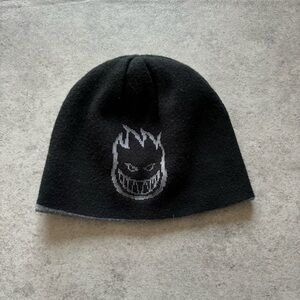 Black and gray spitfire logo and spellout beanie